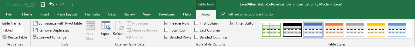 assign table tool designs in excel